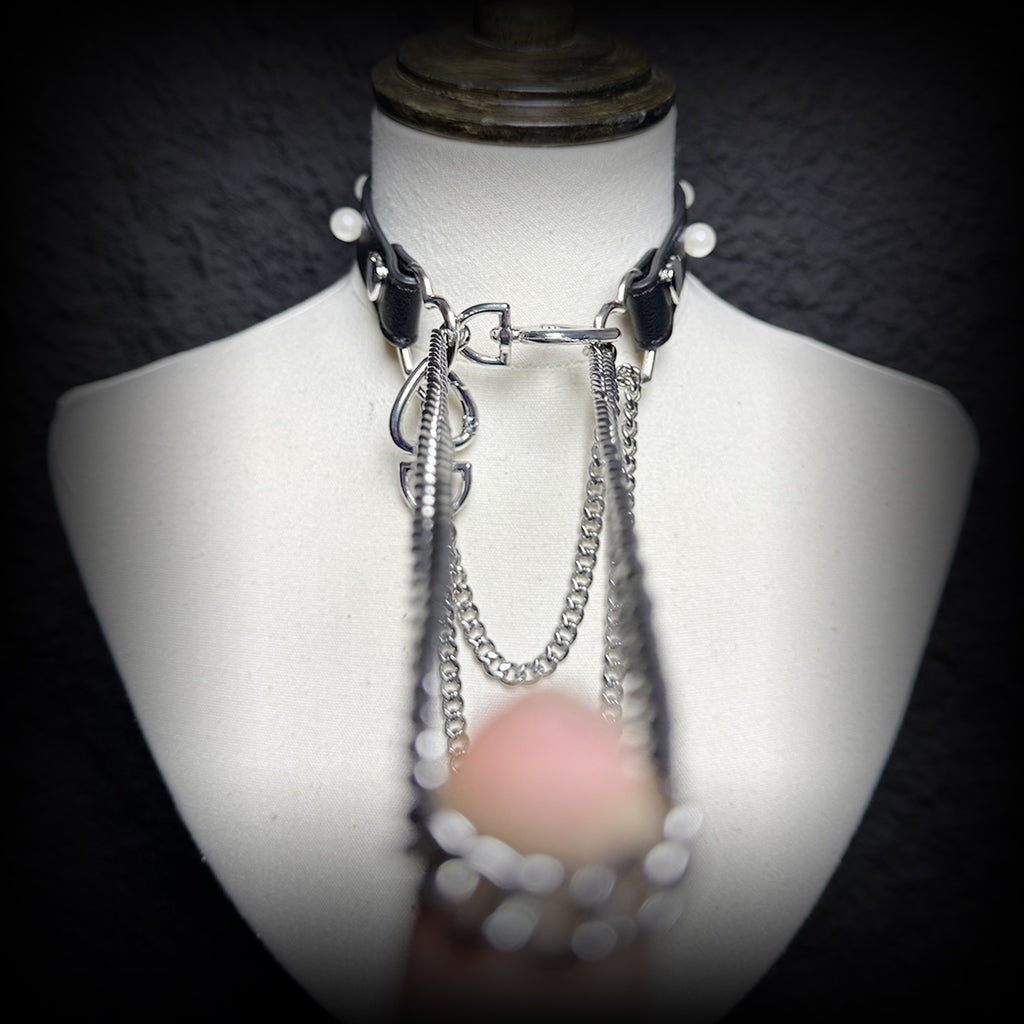 Daluse Pearl Heart Shaped Leather Choker with Titanium Double Chain Adjustment Collar Necklace