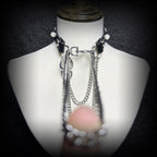 Daluse Pearl Heart Shaped Leather Choker with Titanium Double Chain Adjustment Collar Necklace