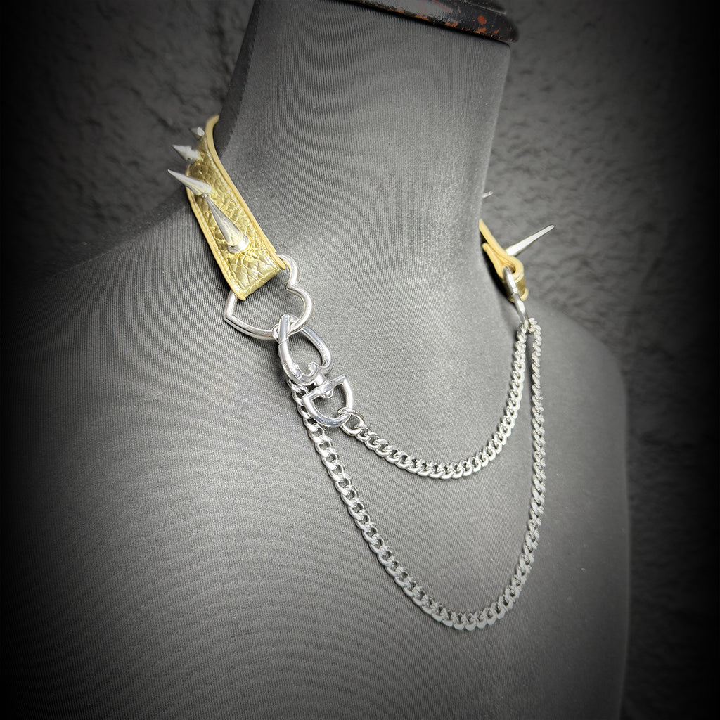 Daluse Crushed Gold Leather Rivet Heart Shaped Buckle Choker Single Titanium Steel Chain Adjustment Collar Necklace