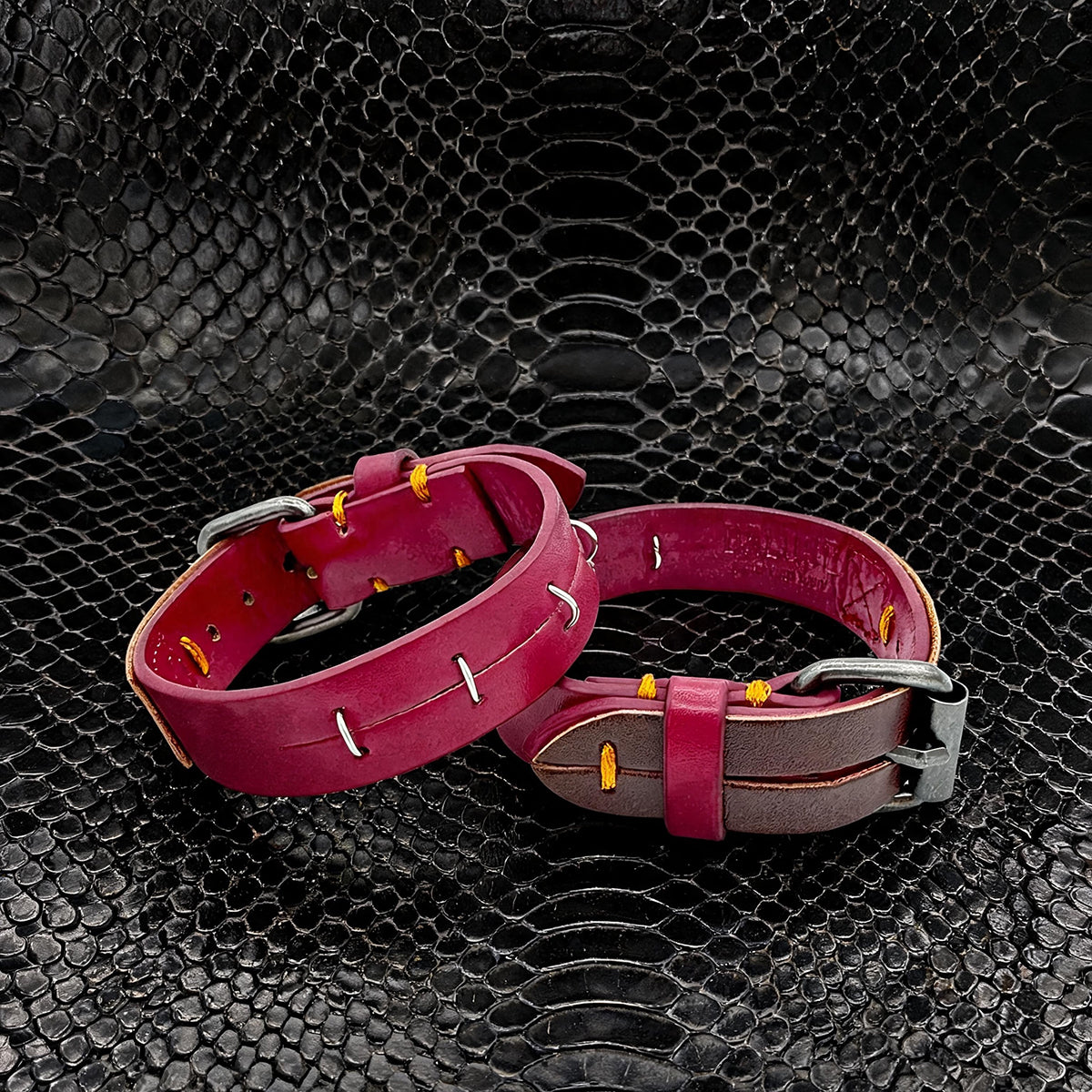 Daluse Red Leather Silver Ring Stitching Splicing 2-In-1 Choker Collar Necklace And Cuff Bracelets