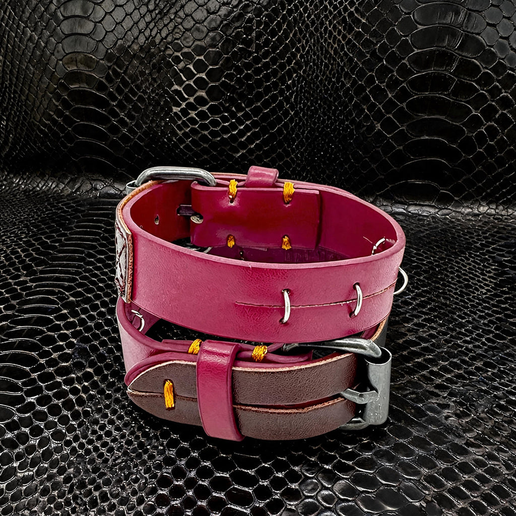 Daluse Red Leather Silver Ring Stitching Splicing 2-In-1 Choker Collar Necklace And Cuff Bracelets