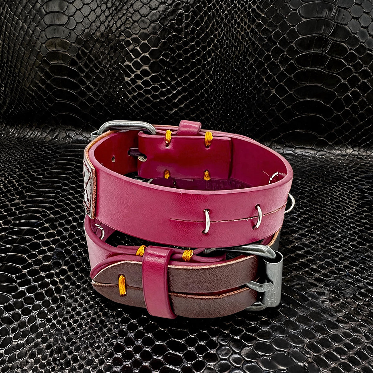 Daluse Red Leather Silver Ring Stitching Splicing 2-In-1 Choker Collar Necklace And Cuff Bracelets
