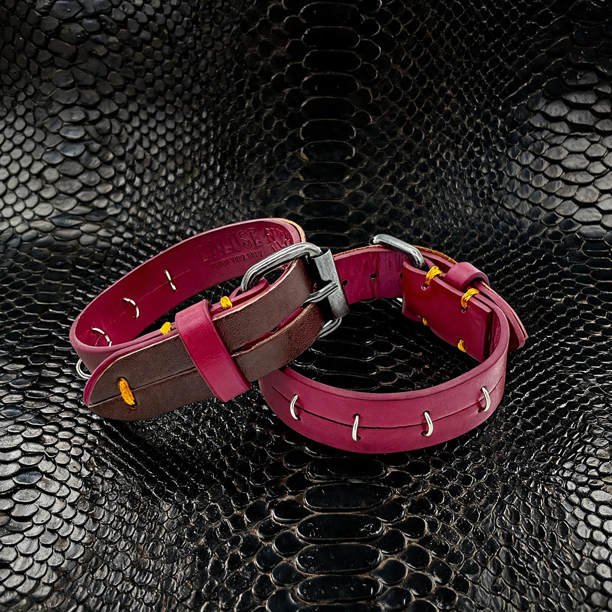 Daluse Red Leather Silver Ring Stitching Splicing 2-In-1 Choker Collar Necklace And Cuff Bracelets