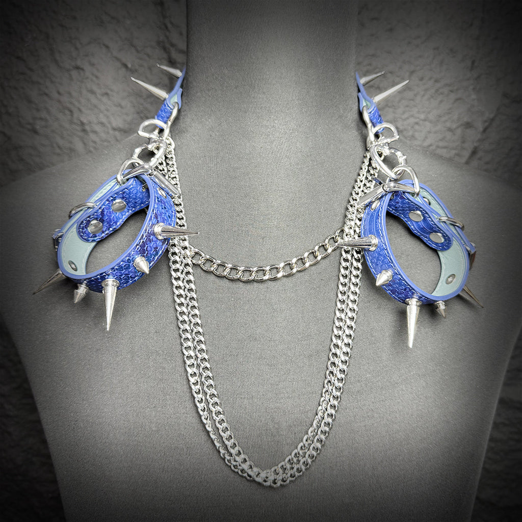 Daluse Blue Snake Leather Double Titanium Steel Chain Rivets Choker Collar Necklace And Adjustable Cuff Bracelets Combination Set DALUSE