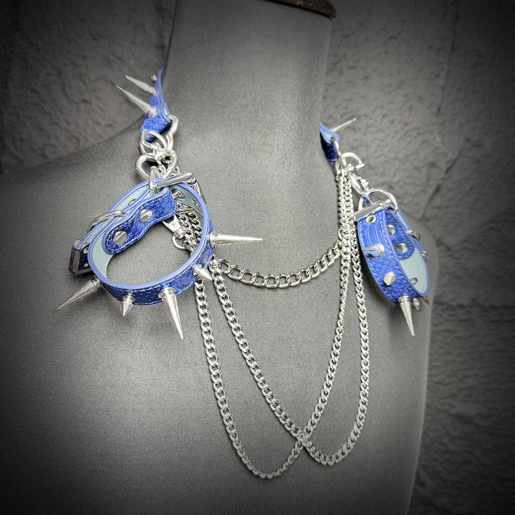 Daluse Blue Snake Leather Double Titanium Steel Chain Rivets Choker Collar Necklace And Adjustable Cuff Bracelets Combination Set DALUSE