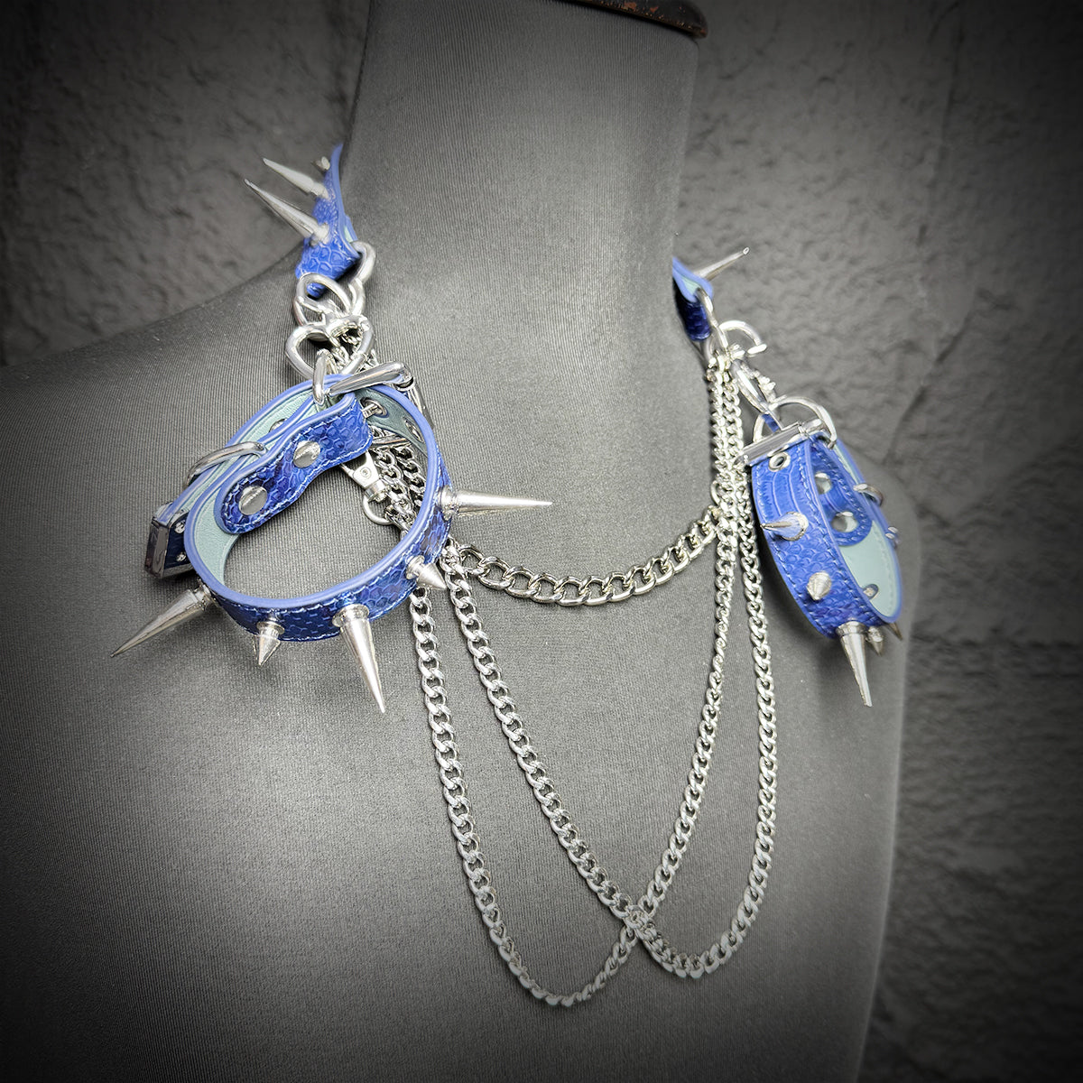 Daluse Blue Snake Leather Double Titanium Steel Chain Rivets Choker Collar Necklace And Adjustable Cuff Bracelets Combination Set DALUSE