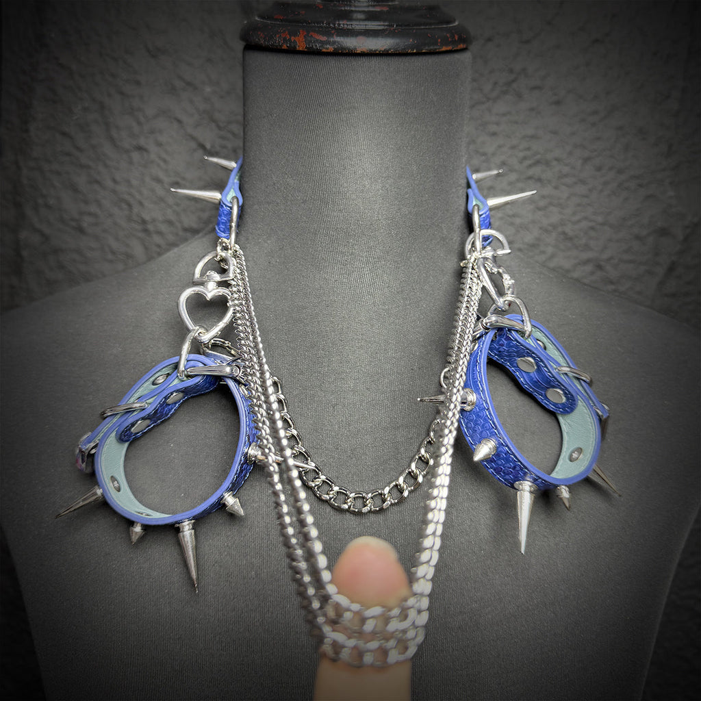 Daluse Blue Snake Leather Double Titanium Steel Chain Rivets Choker Collar Necklace And Adjustable Cuff Bracelets Combination Set DALUSE