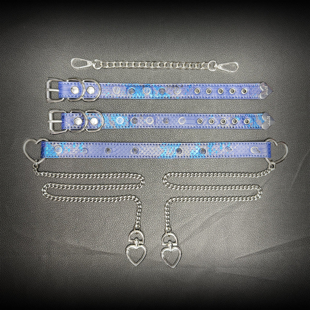 Daluse Blue Snake Leather Double Titanium Steel Chain Rivets Choker Collar Necklace And Adjustable Cuff Bracelets Combination Set DALUSE