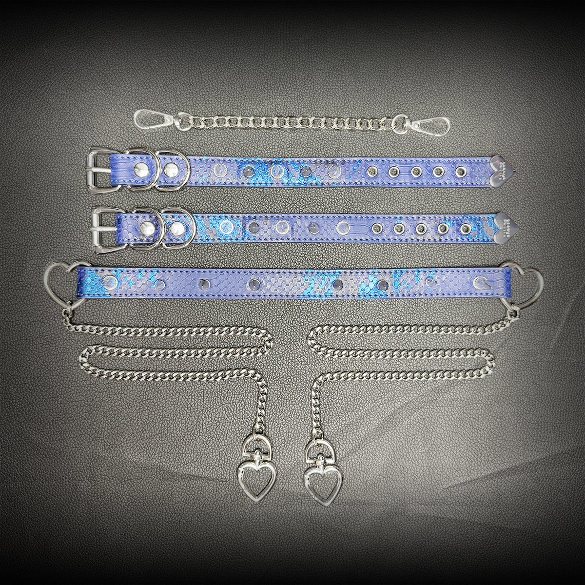 Daluse Blue Snake Leather Double Titanium Steel Chain Rivets Choker Collar Necklace And Adjustable Cuff Bracelets Combination Set DALUSE