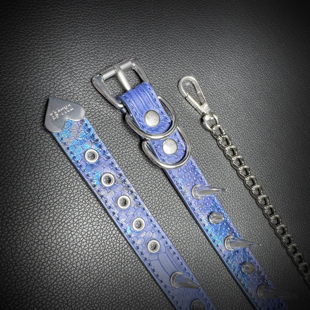 Daluse Blue Snake Leather Double Titanium Steel Chain Rivets Choker Collar Necklace And Adjustable Cuff Bracelets Combination Set DALUSE
