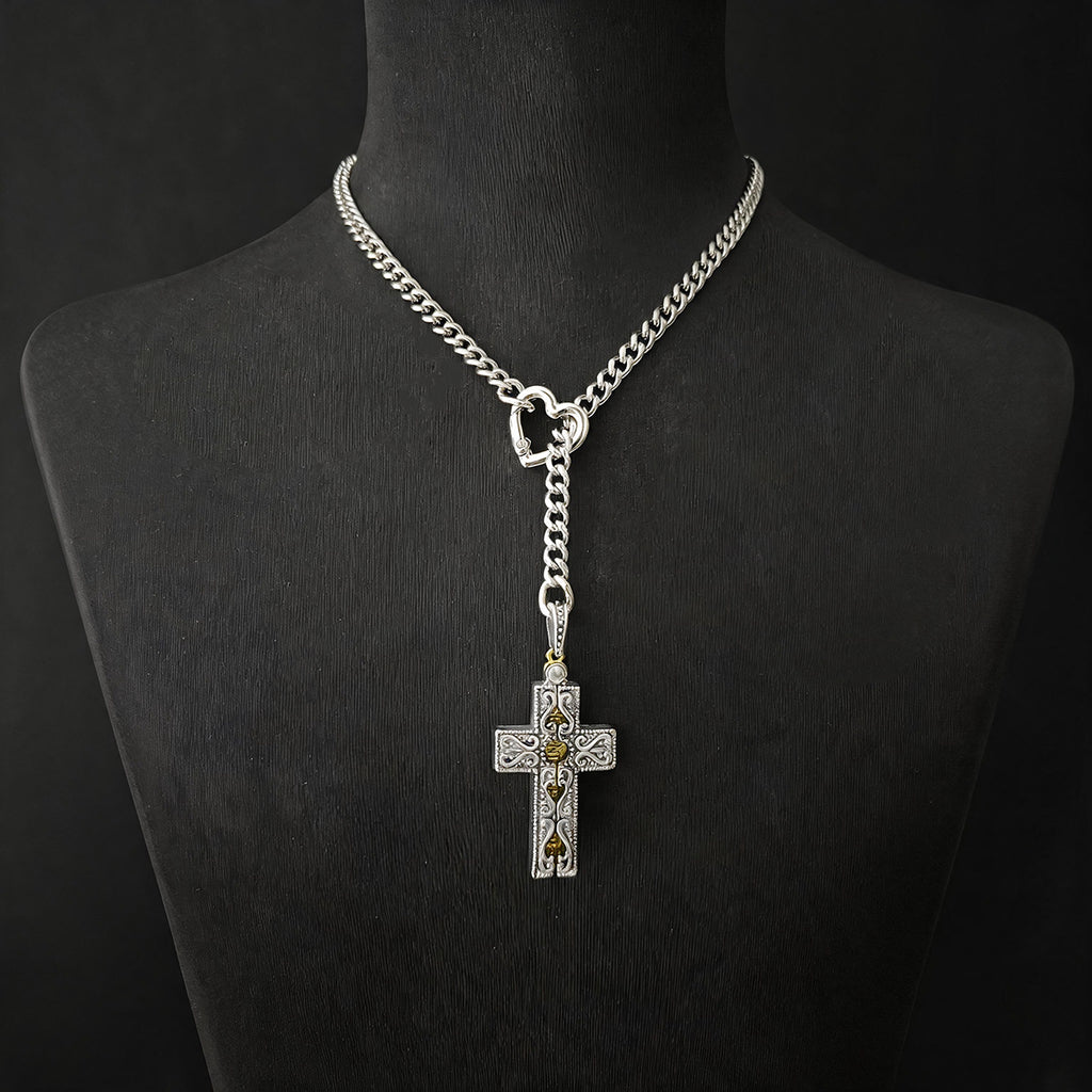 Daluse Vintage Silver Gold Cross Openable Clasp Pendant Silver Titanium Steel Chain Necklace