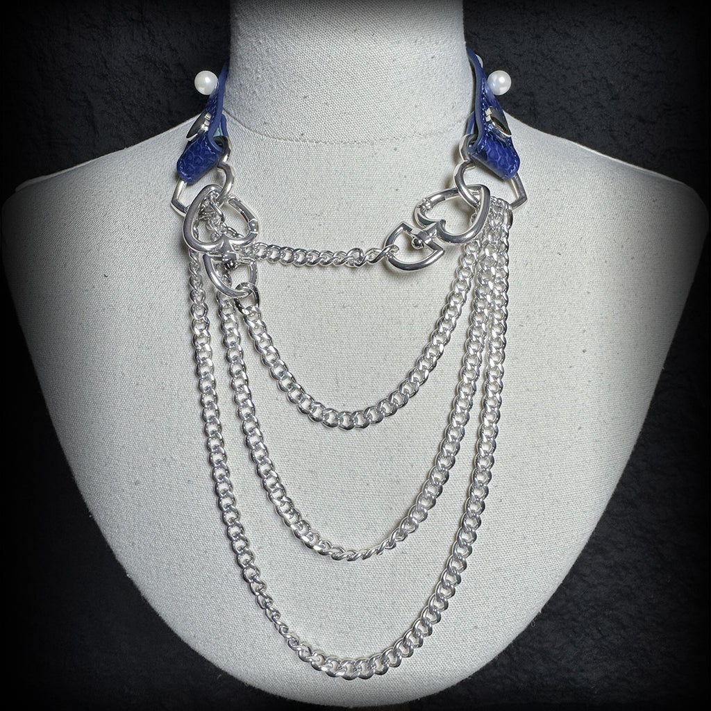 Daluse Blue Snakeskin Pearl Heart Shaped Buckle Choker, Titanium Steel Chain Double Chain Adjustment Collar Necklace