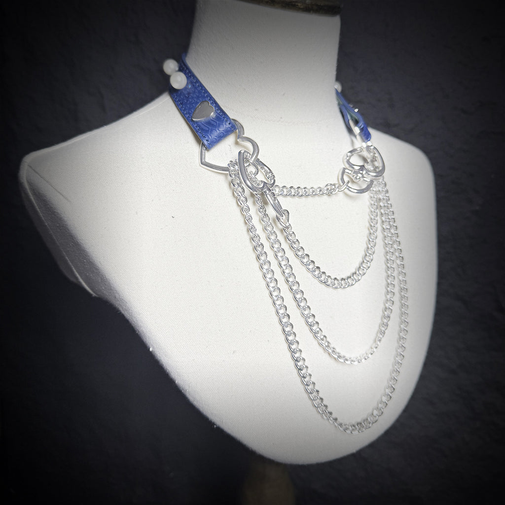 Daluse Blue Snakeskin Pearl Heart Shaped Buckle Choker, Titanium Steel Chain Double Chain Adjustment Collar Necklace