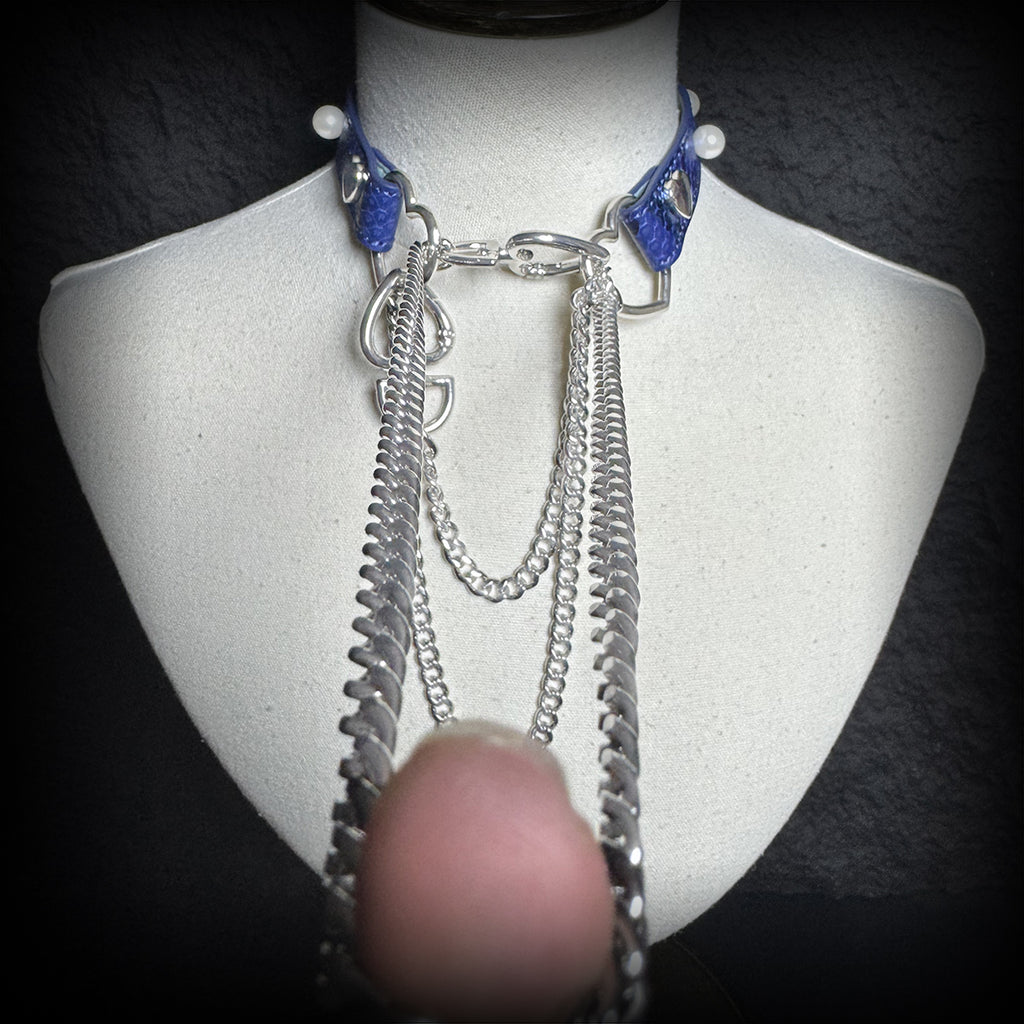 Daluse Blue Snakeskin Pearl Heart Shaped Buckle Choker, Titanium Steel Chain Double Chain Adjustment Collar Necklace