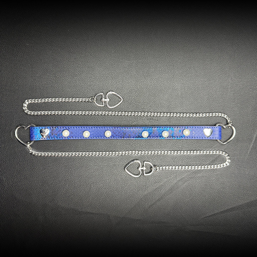 Daluse Blue Snakeskin Pearl Heart Shaped Buckle Choker, Titanium Steel Chain Double Chain Adjustment Collar Necklace