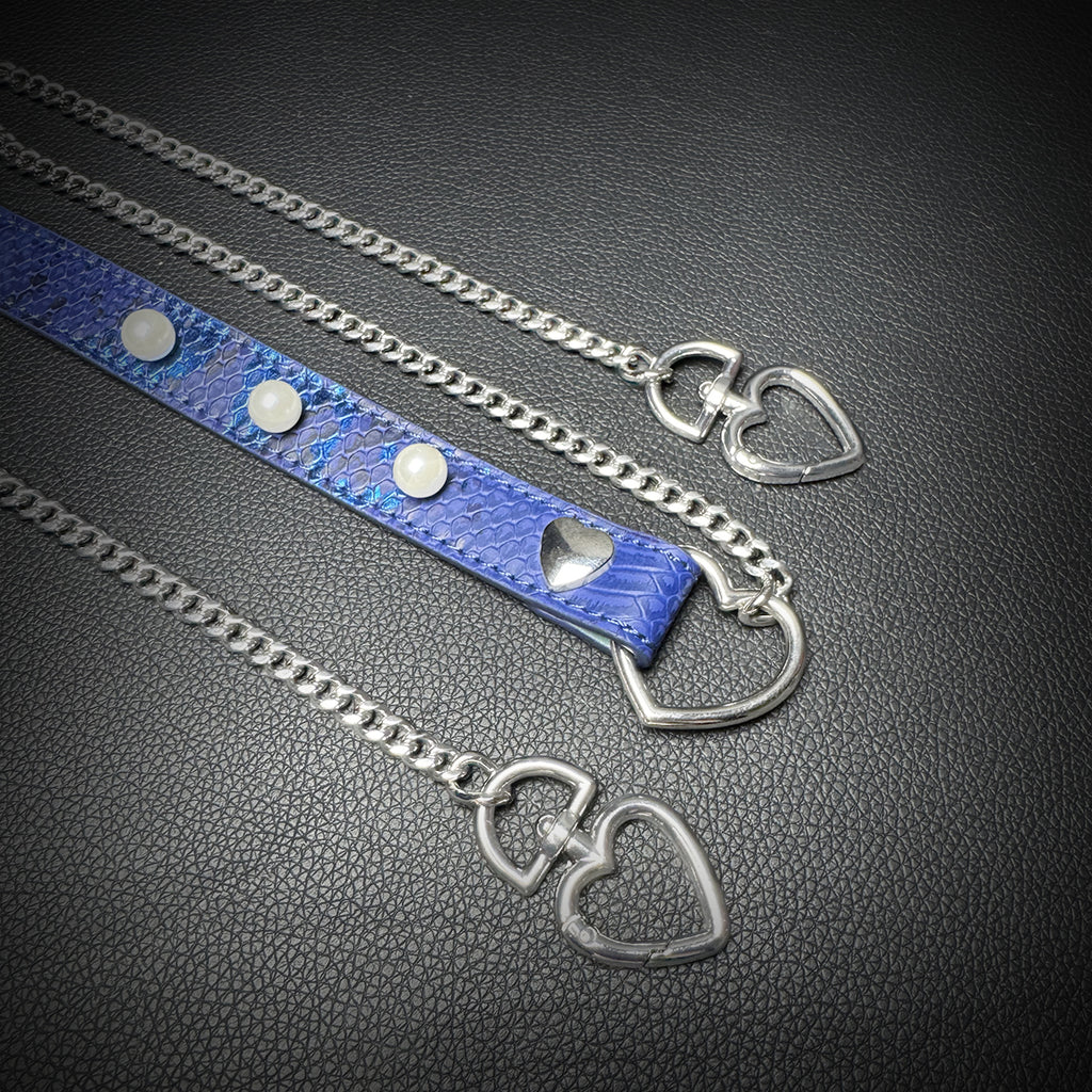 Daluse Blue Snakeskin Pearl Heart Shaped Buckle Choker, Titanium Steel Chain Double Chain Adjustment Collar Necklace