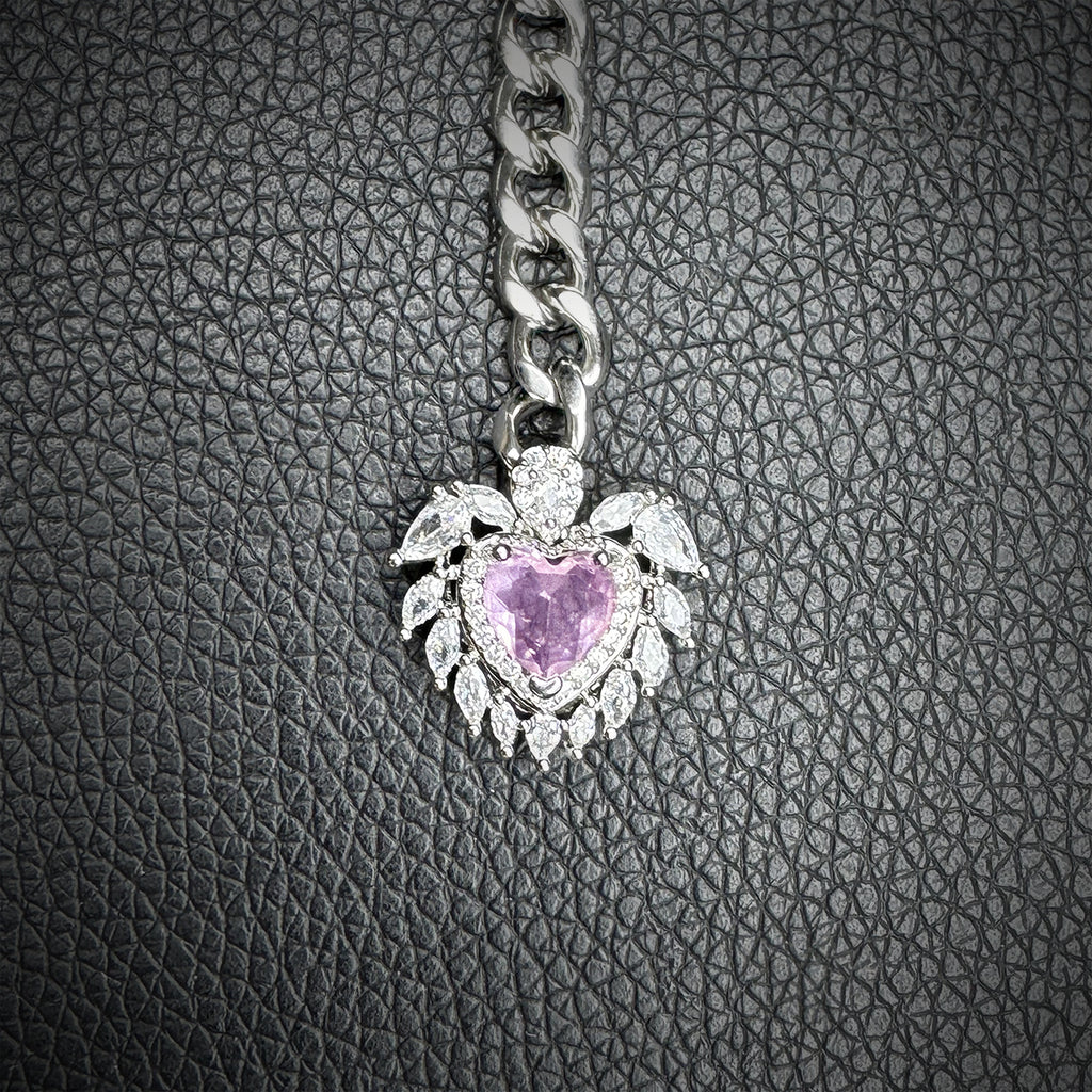 Daluse Pink Crystal Heart Pendant Silver Titanium Steel Chain Necklace