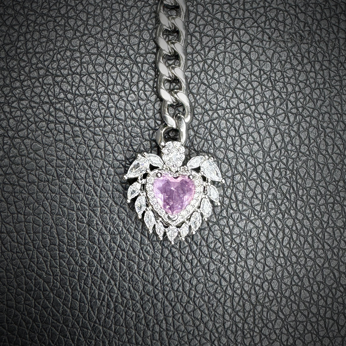 Daluse Pink Crystal Heart Pendant Silver Titanium Steel Chain Necklace