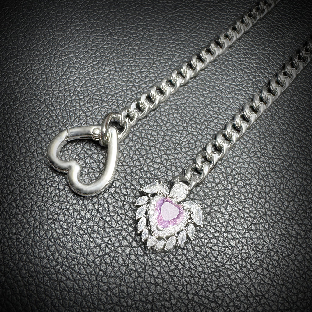 Daluse Pink Crystal Heart Pendant Silver Titanium Steel Chain Necklace