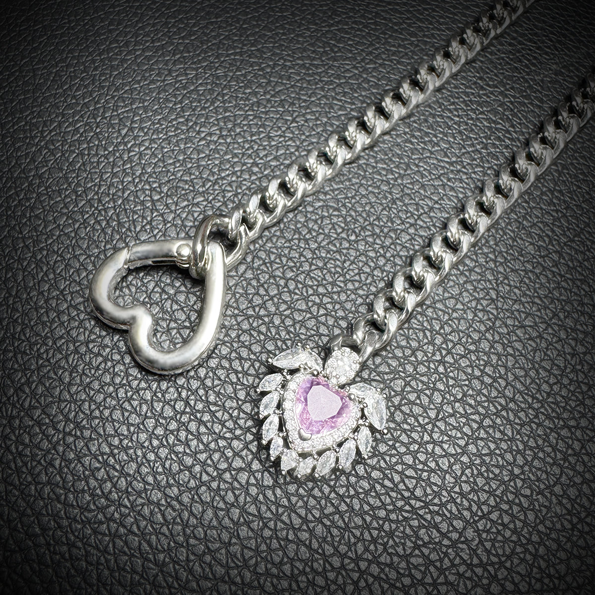 Daluse Pink Crystal Heart Pendant Silver Titanium Steel Chain Necklace