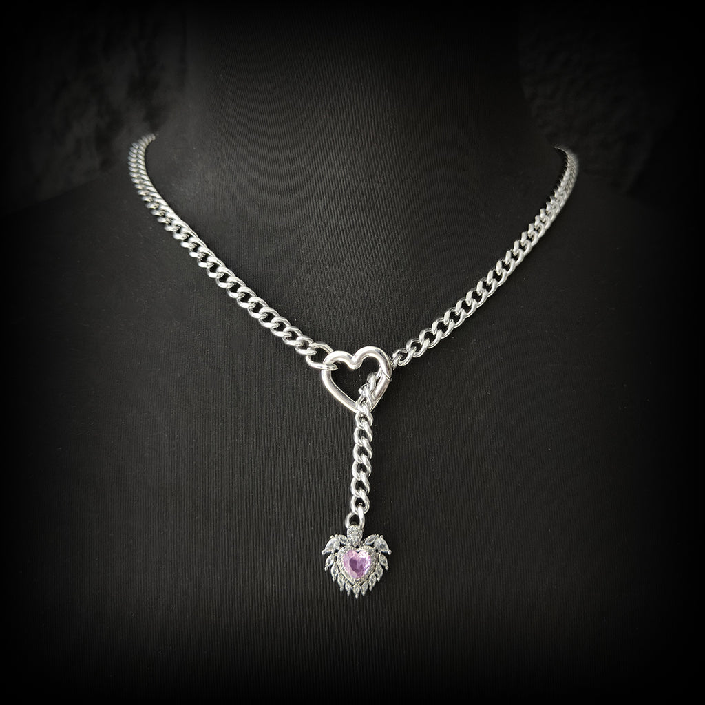 Daluse Pink Crystal Heart Pendant Silver Titanium Steel Chain Necklace
