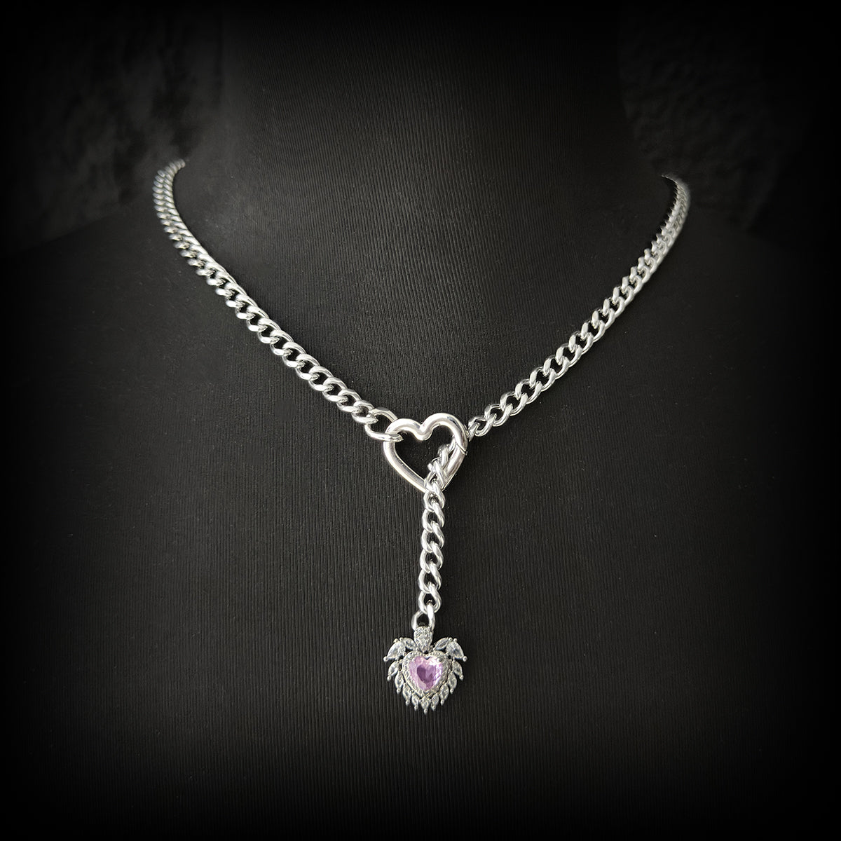 Daluse Pink Crystal Heart Pendant Silver Titanium Steel Chain Necklace