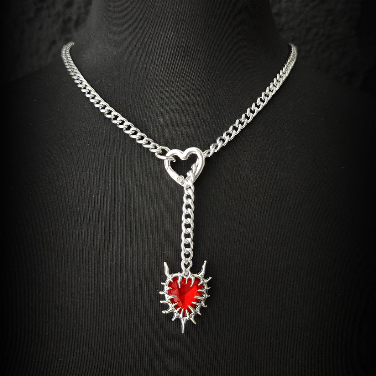 Daluse Red Crystal Heart of Thorns Pendant Silver Titanium Steel Chain Necklace