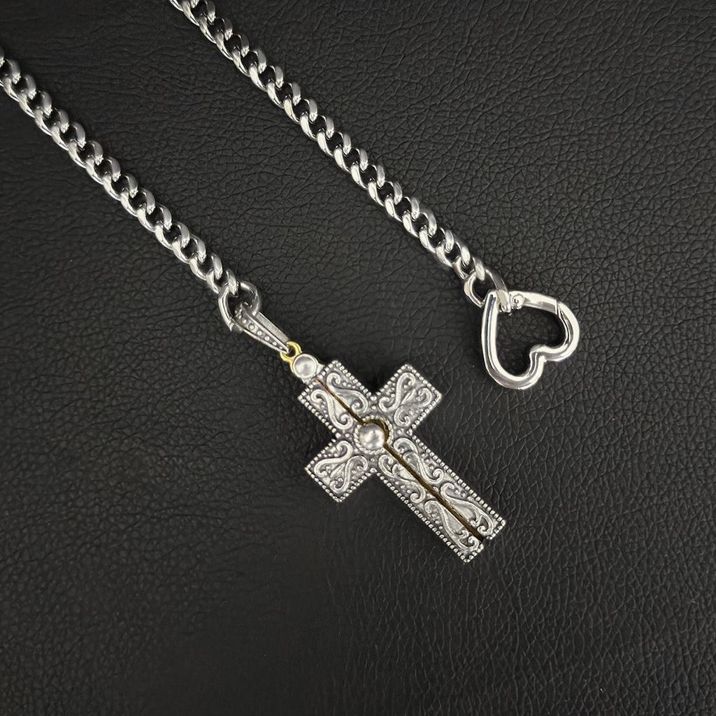 Daluse Vintage Silver Gold Cross Openable Clasp Pendant Silver Titanium Steel Chain Necklace