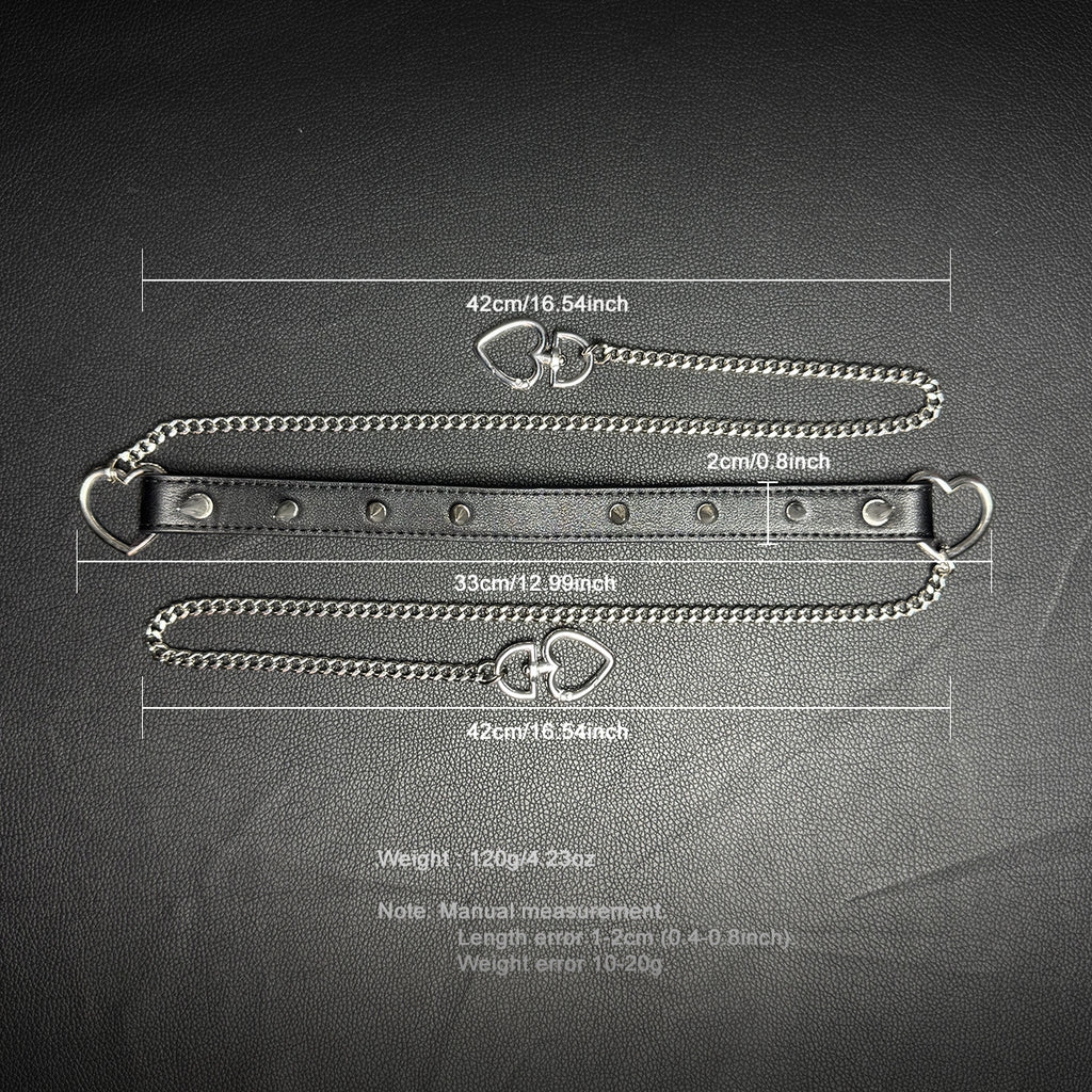Daluse Riveted Heart Shaped Leather Choker with Titanium Double Chain Adjustment Collar Necklace