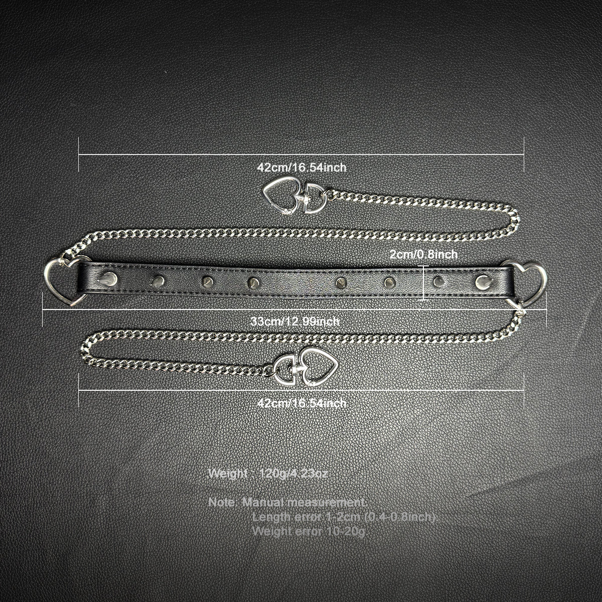 Daluse Riveted Heart Shaped Leather Choker with Titanium Double Chain Adjustment Collar Necklace