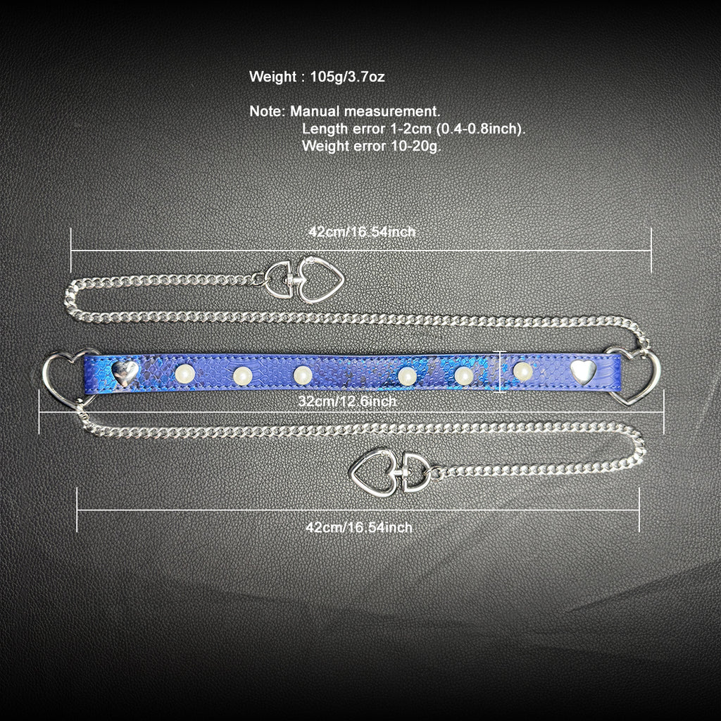 Daluse Blue Snakeskin Pearl Heart Shaped Buckle Choker, Titanium Steel Chain Double Chain Adjustment Collar Necklace