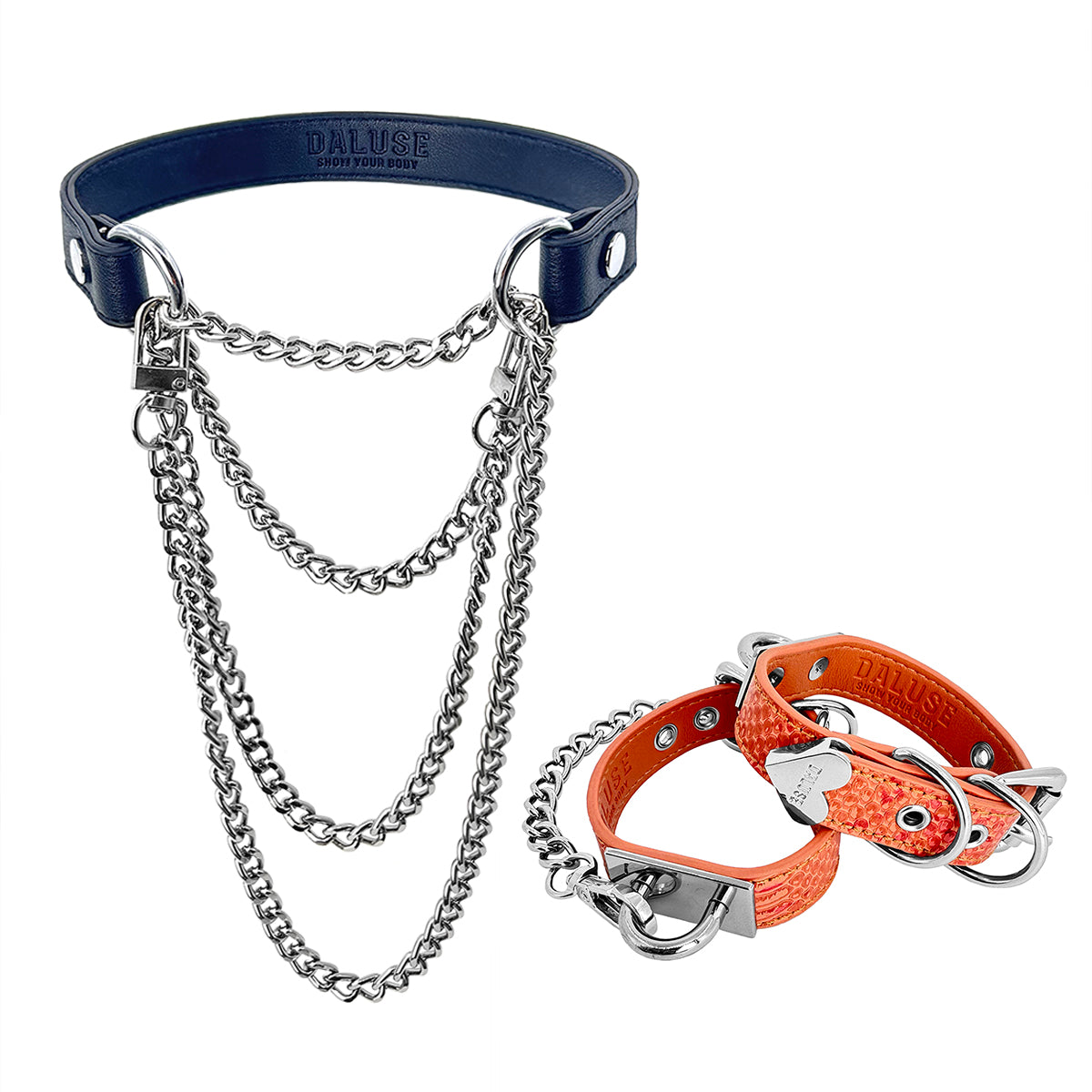 Daluse Double Layer Leather Choker Titanium Steel Chain Collar Necklace And Snake Pattern Leather Silver Chain Adjustable Cuff Bracelets Combination Set