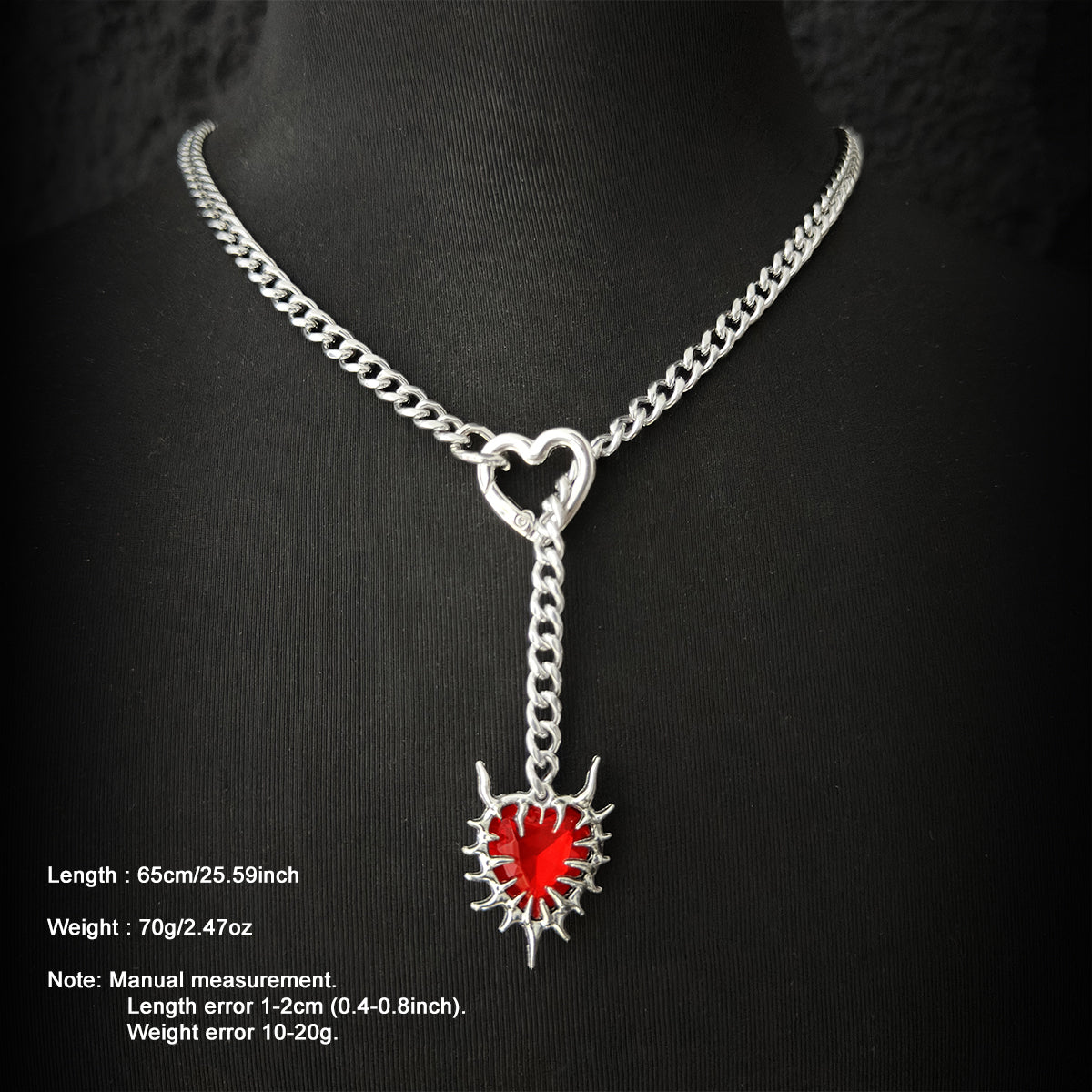 Daluse Red Crystal Heart of Thorns Pendant Silver Titanium Steel Chain Necklace
