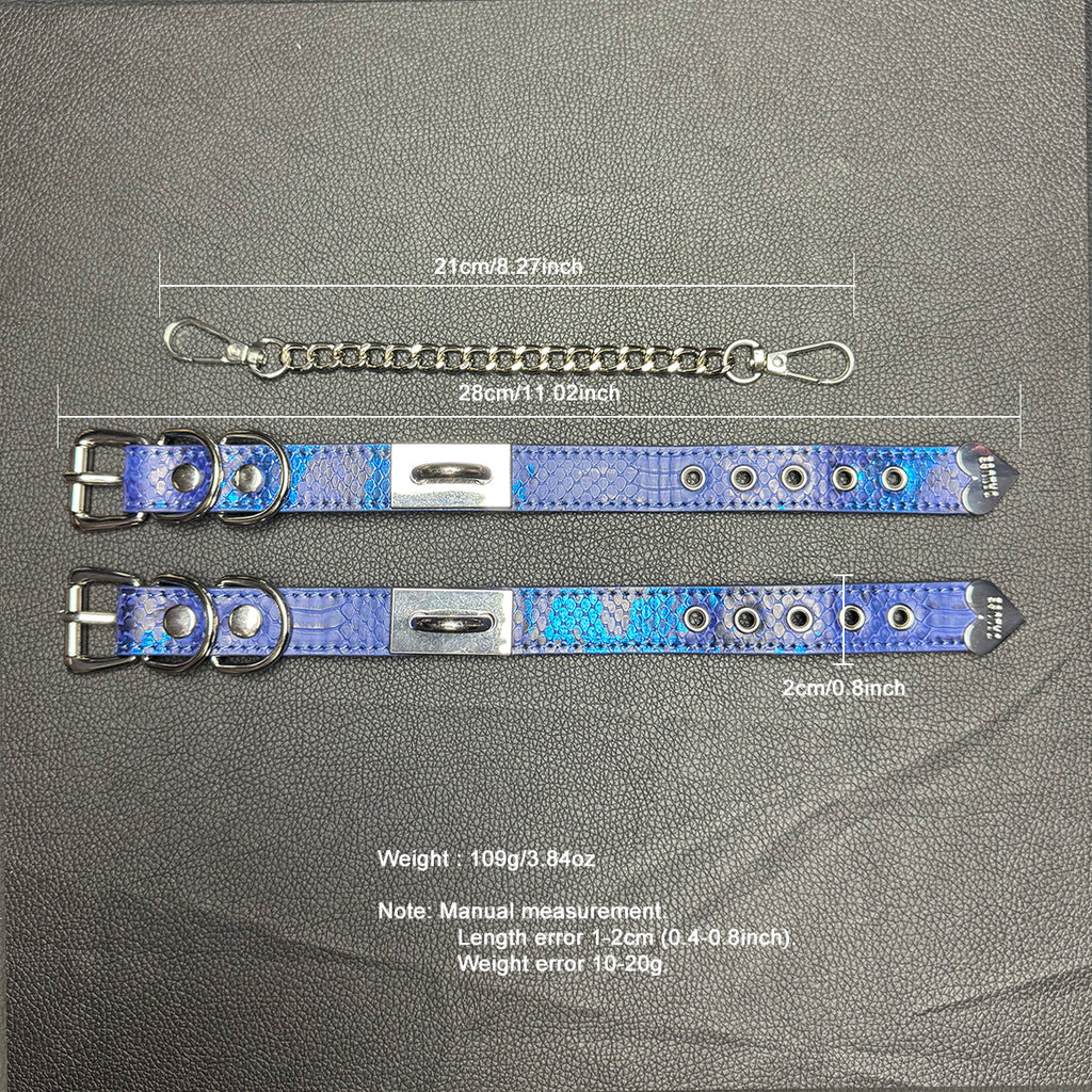 Daluse Blue Snake Leather Double Titanium Steel Chain Rivets Choker Collar Necklace And Adjustable Cuff Bracelets Combination Set