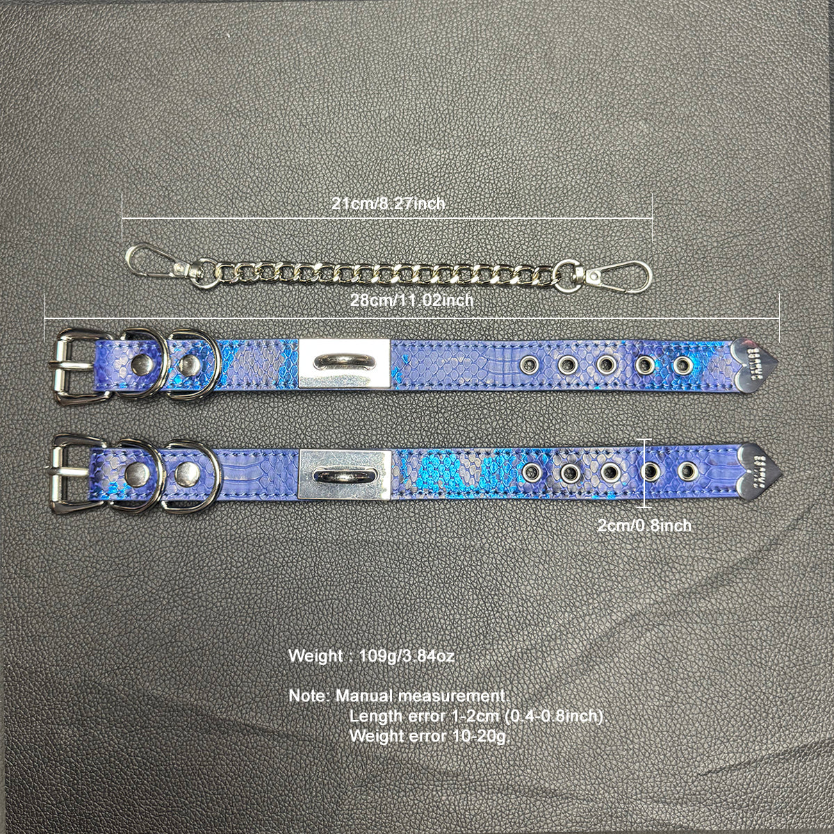 Daluse Blue Snake Leather Double Titanium Steel Chain Rivets Choker Collar Necklace And Adjustable Cuff Bracelets Combination Set