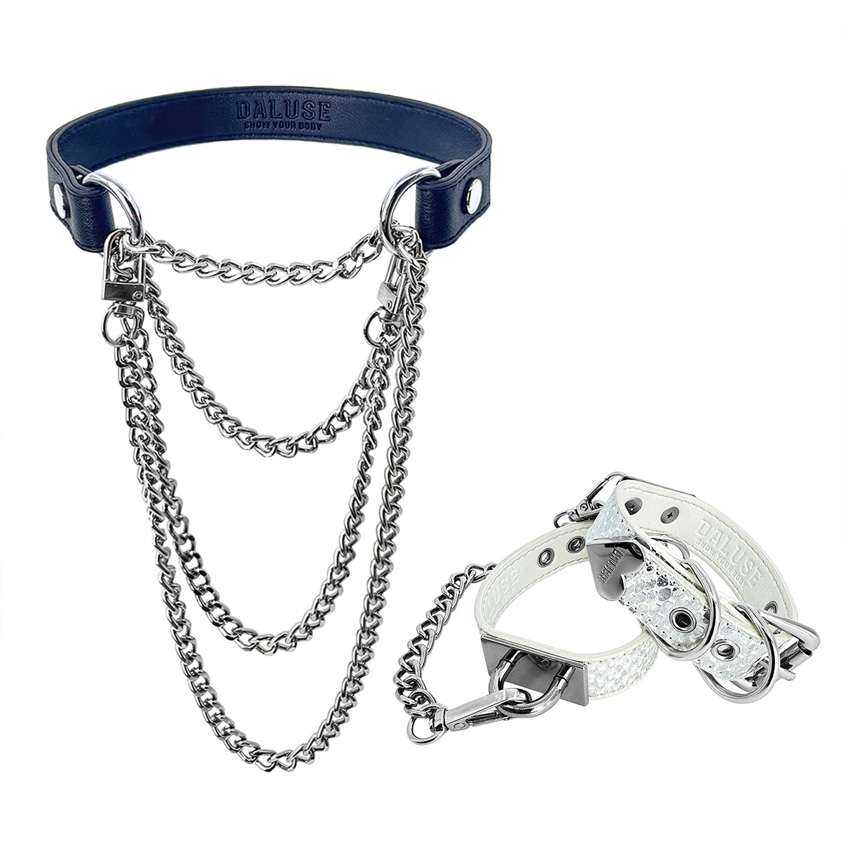 Daluse Double Layer Leather Choker Titanium Steel Chain Collar Necklace And Snake Pattern Leather Silver Chain Adjustable Cuff Bracelets Combination Set