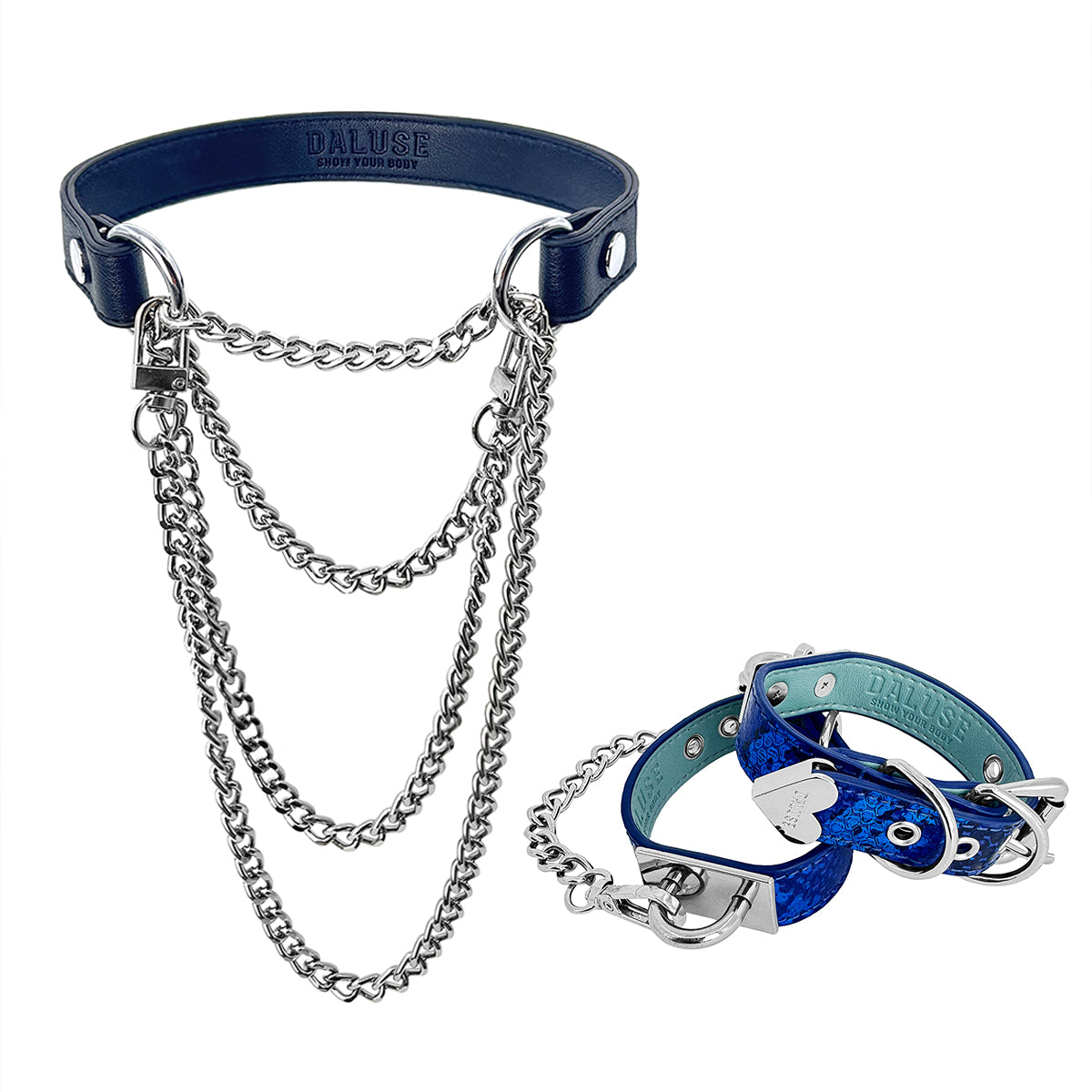 Daluse Double Layer Leather Choker Titanium Steel Chain Collar Necklace And Snake Pattern Leather Silver Chain Adjustable Cuff Bracelets Combination Set