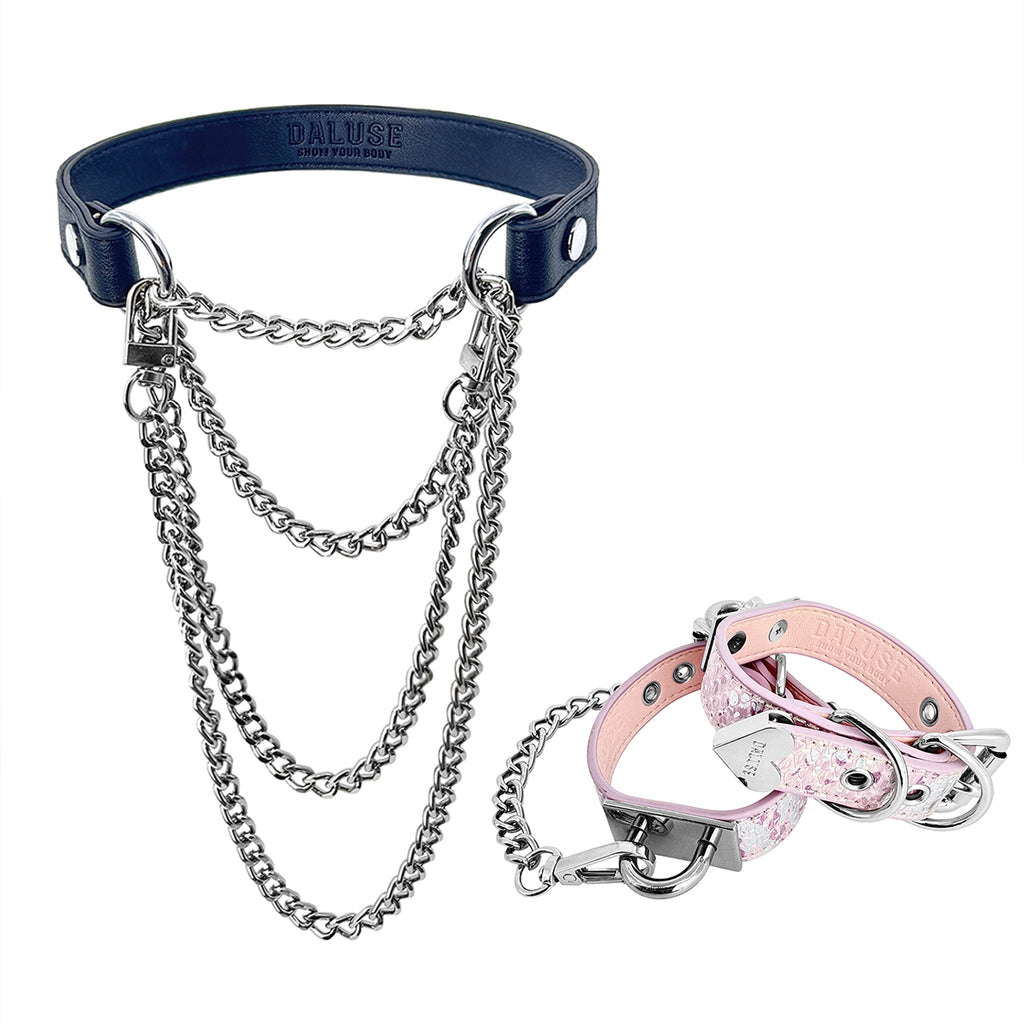 Daluse Double Layer Leather Choker Titanium Steel Chain Collar Necklace And Snake Pattern Leather Silver Chain Adjustable Cuff Bracelets Combination Set