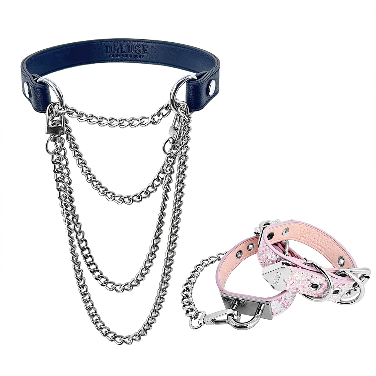 Daluse Double Layer Leather Choker Titanium Steel Chain Collar Necklace And Snake Pattern Leather Silver Chain Adjustable Cuff Bracelets Combination Set